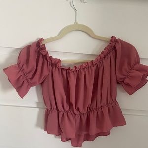 Rose/Blush Pink Chiffon Off-The-Shoulder Ruffle Crop Top- SIZE SMALL